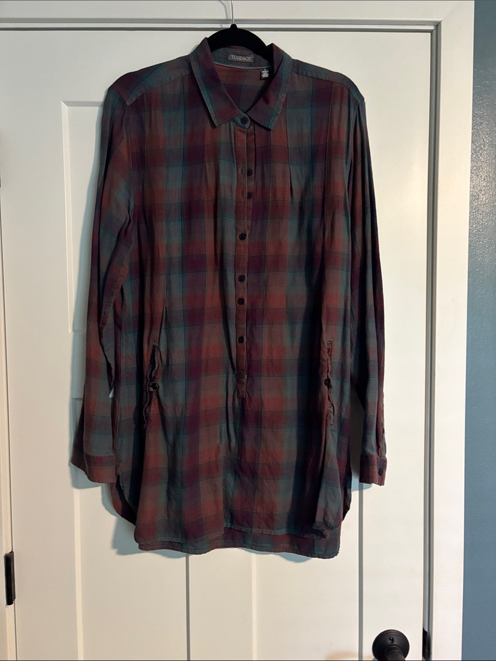Toad & Co. Plaid 2/3 Button tunic — Teal & Burgundy